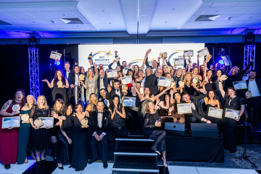All of the 2025 Pet Industry Federation (PIF) award winners on stage after the close of the PIF Awards ceremony.