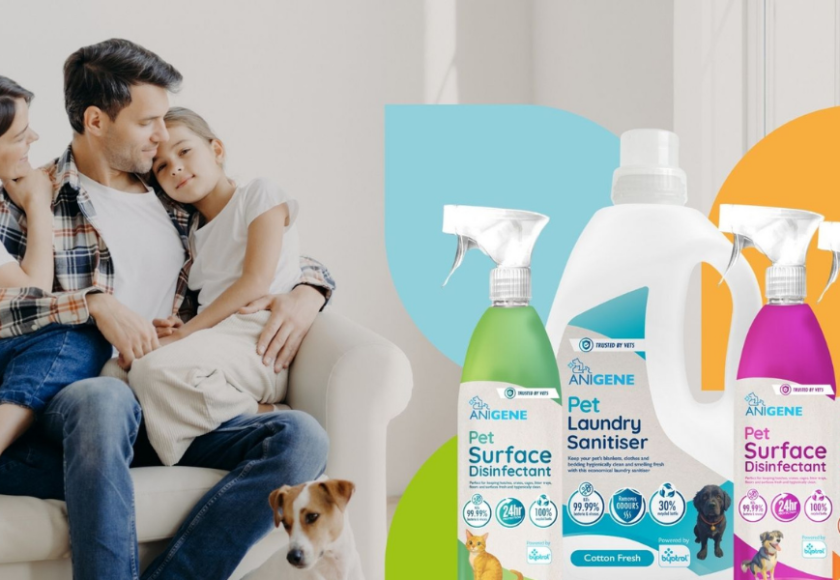 A selection of the ANIGENE pet hygiene range including laundry liquid, carpet cleaner, and surface disinfectant spray.