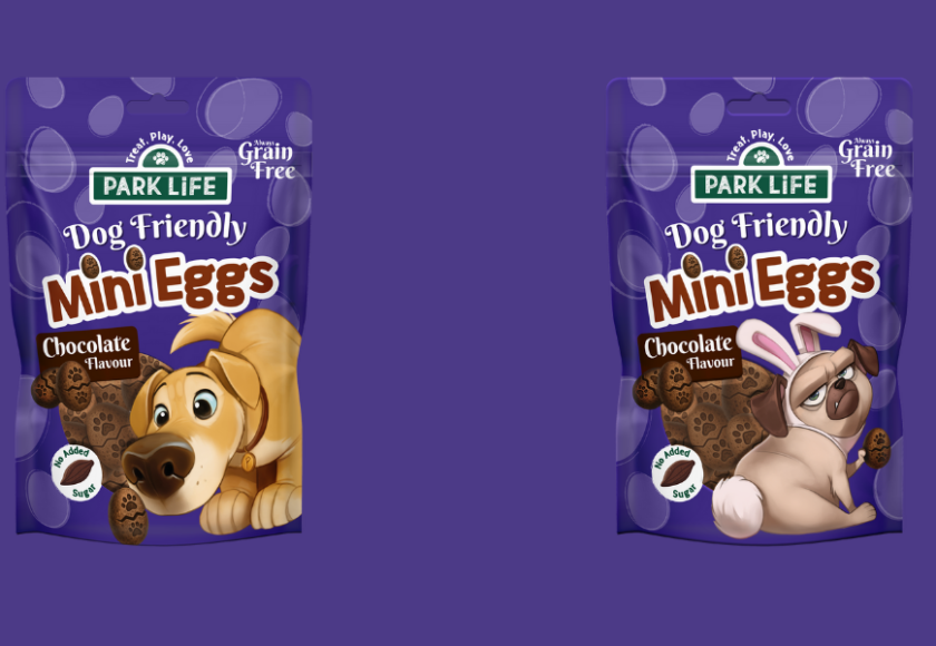 A pouch of PARK LiFE Pet Mini Eggs for dogs, featuring colourful egg-shaped carob treats.