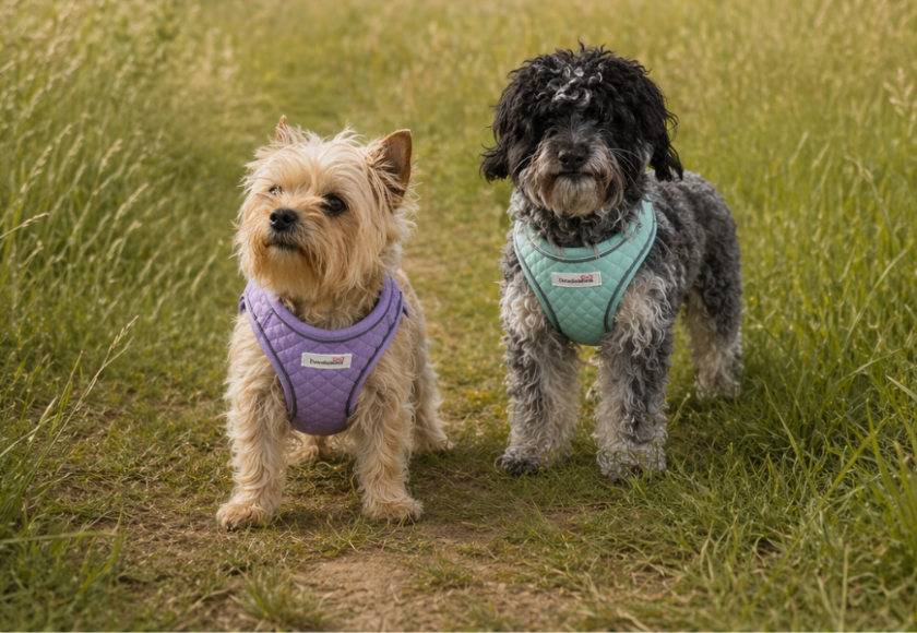 The new Doodlebone Lilac Quilt collection featuring a matching harness, lead, and treat pouch.