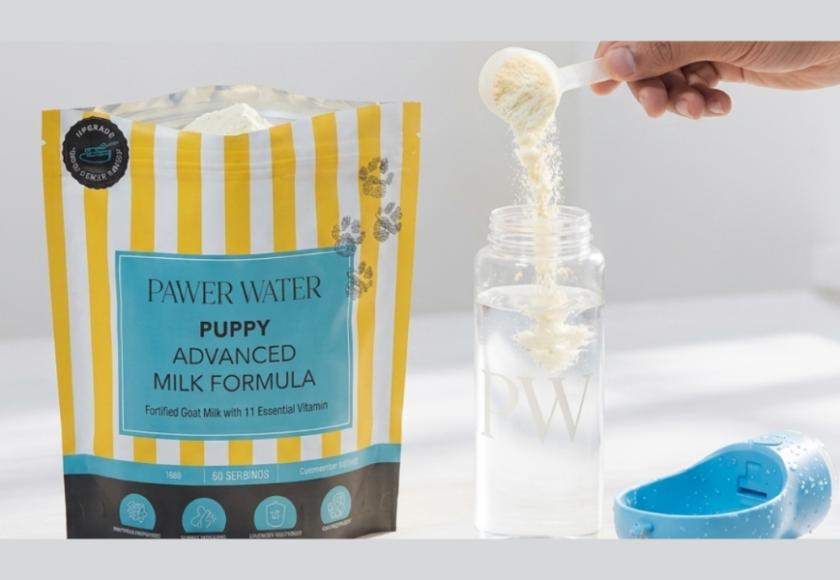 150g resealable stand-up pouch of Pawer Water Puppy Advanced Milk Formula, featuring the brand's distinct teal and white striped premium packaging design.
